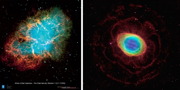 超新星爆发残余（左图）和行星状星云（右图）都可以将恒星中经过“焚烧”的重元素回收到星际间介质中、供下一代恒星和行星所用。重元素对生命的形成不可或缺，很难想象假如宇宙中缺少这些重元素、智慧生命要如何形成。